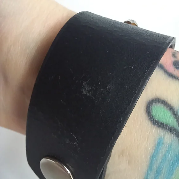 Black Leather Rhinestone Cuff. - Picture 2 of 7